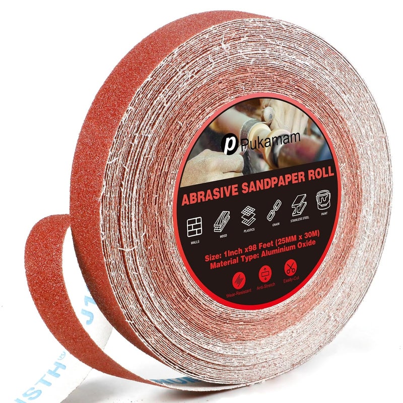Pukamam Emery Cloth Roll, 80 Grit Sandpaper Roll, 1" x 98 Feet Long Red Continuous Sand Paper Roll, Wet and Dry Emory Cloths for Metal, Polishing and Surface Treatment of Wood,Furniture - Image 1
